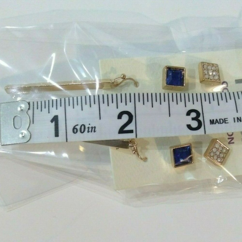 3/$10 Gold Tone Blue Square & Dangle Earrings 3pc - Picture 4 of 6